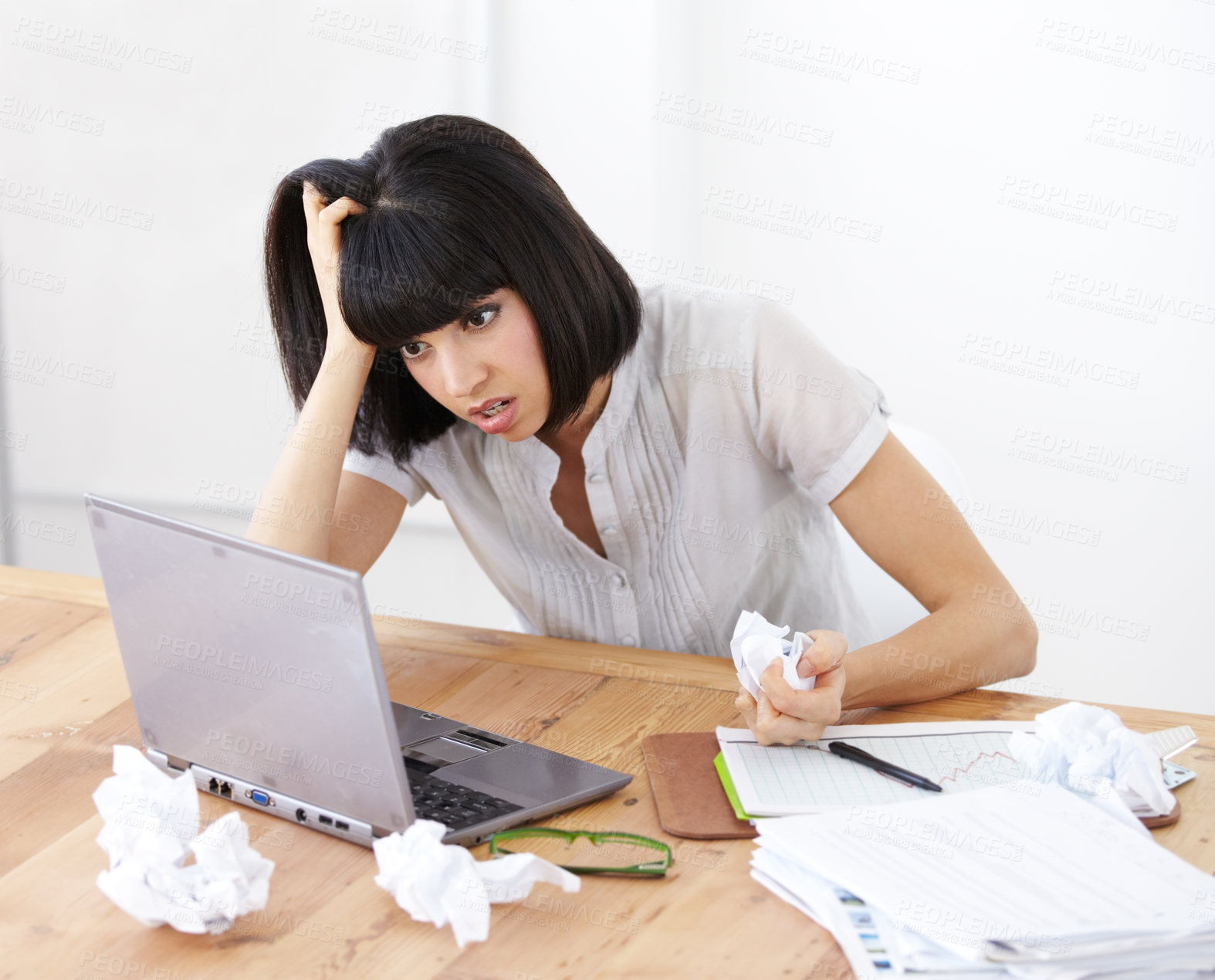 Buy stock photo Laptop, paper and frustrated business woman at her desk with burnout, anger and depression or stress. Female entrepreneur with finance paperwork, accounting problem or online 404 error and crisis