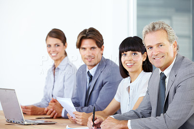 Buy stock photo Portrait, collaboration and a team of business people sitting in the boardroom for a planning meeting. Teamwork, strategy or training with corporate men and women working together in the office