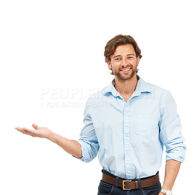 Buy stock photo Face, hand and man pointing to mockup space for planning, thinking and choice against white background. Portrait, leader and hand sign by businessman with vision for startup, idea and business goal.