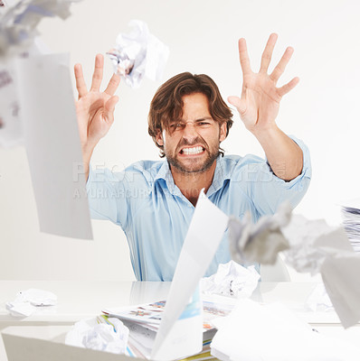 Buy stock photo Angry, stress and businessman throw crumpled paper for brainstorming, thinking of ideas and strategy. Corporate worker, burnout and frustrated employee with mess of documents, paperwork and notes