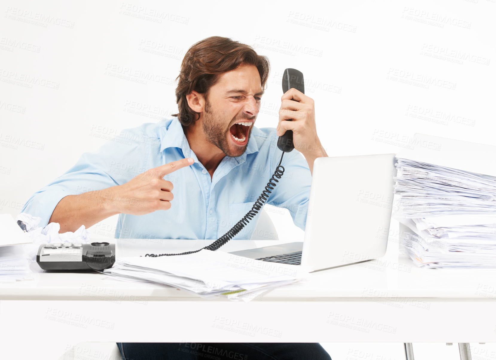 Buy stock photo Telephone call, shout and business man angry over bad tech support, poor customer service or communication problem. Administration anger, accounting paperwork or studio accountant on white background