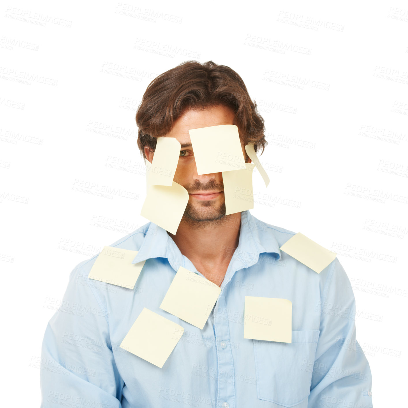 Buy stock photo Planning, stress and portrait of a businessman with sticky note on a white background in studio. Strategy, schedule and corporate worker tired of notes for a reminder or plan on a studio background