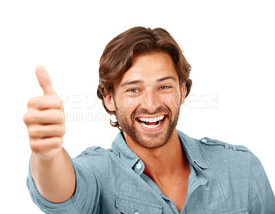 Buy stock photo Thumbs up, OK and man with smile, portrait with hand sign, yes and thank you with feedback against white background. Happy man, agreement and success with motivation for winner and vote in portrait