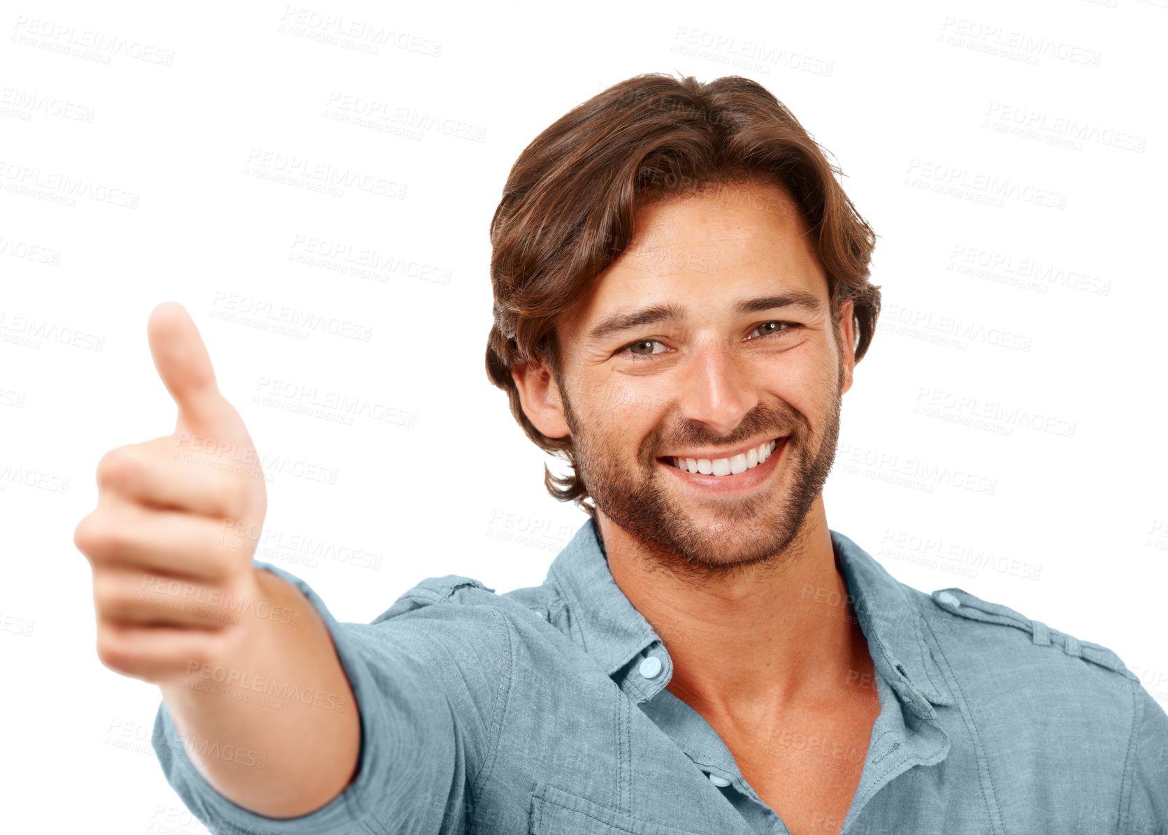 Buy stock photo Thumbs up, OK and man with smile, face with hand sign, yes and thank you with feedback against white background. Happy man, agreement and success with motivation for winner and vote in portrait