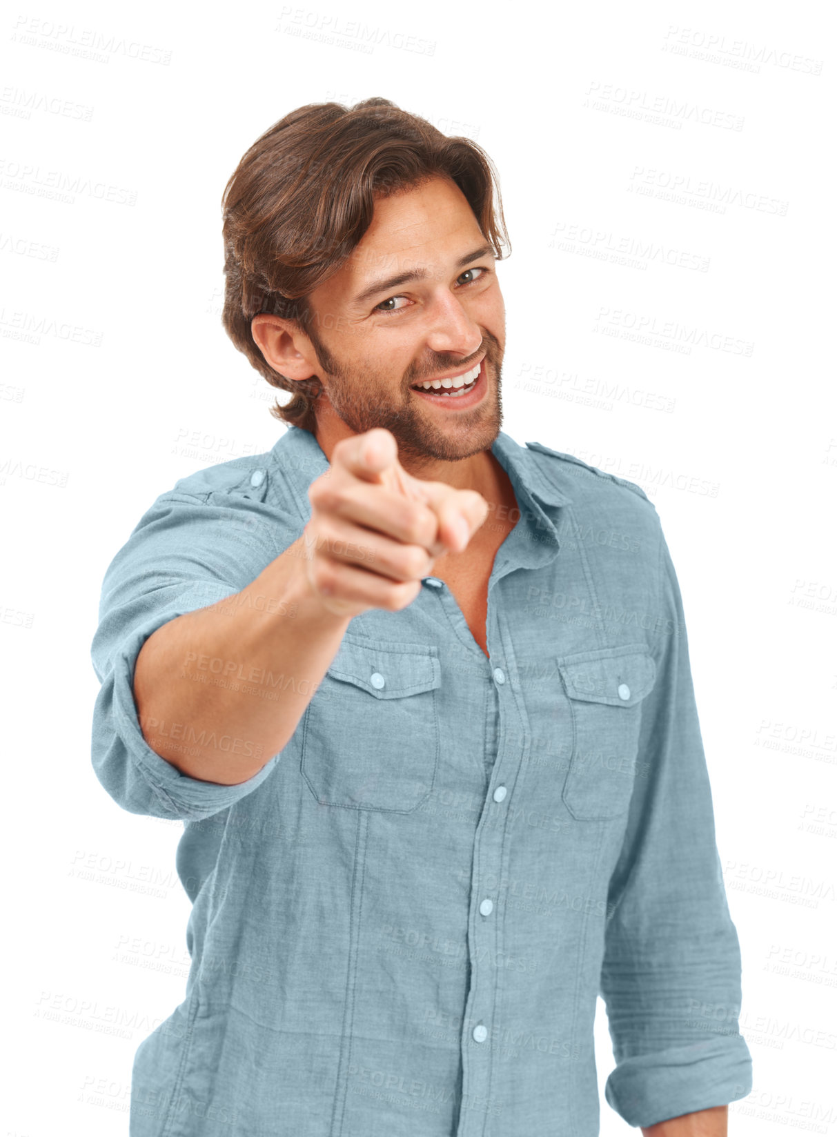 Buy stock photo White background, smile and portrait of man pointing in studio for motivation, choice and encouragement in studio. Marketing, advertising and mockup of male with hand gesture, point finger and sign