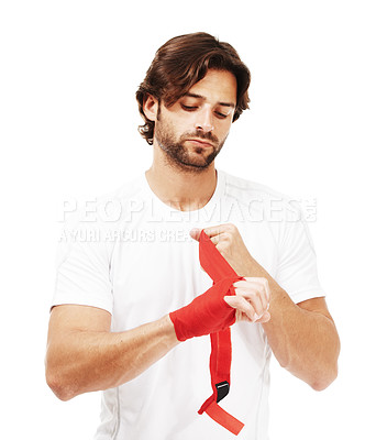 Buy stock photo Red tape on hand, man and mma with fitness and martial arts, boxing for exercise and safety against white background. Sport motivation, fist and fight with athlete, boxer workout with protection