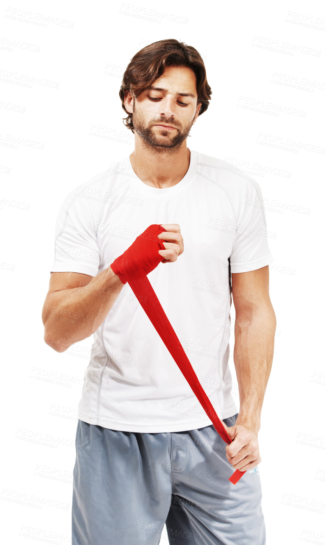 Buy stock photo Red tape on hand for martial arts with man, fitness and mma with boxing for exercise against white background. Sport motivation, fist and fight with athlete, boxer workout with safety and protection