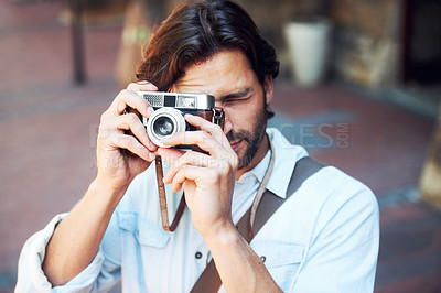 Buy stock photo Picture, photographer or man in city on holiday vacation trip for creativity or tourism adventure in Italy. Photography, travel or tourist with camera or freedom sightseeing in urban town on journey 
