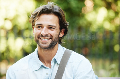 Buy stock photo Relax, smile or happy man in park on a bench in summer for holiday vacation or break in garden. Mental health, thinking or face of person in nature resting or waiting in a natural environment