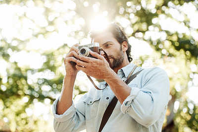 Buy stock photo Picture, photographer or man in park on holiday vacation trip for creativity, shooting or tourism memory. Photography, travel or male tourist with camera for sightseeing or trees in nature in summer