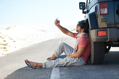 Buy stock photo Car problem, phone signal and man on road trip, travel or journey outdoor. Engine breakdown, mobile network and person on street to search for connection fail, bad service or transportation emergency