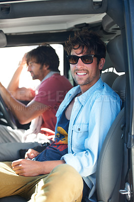 Buy stock photo Travel, portrait and happy men friends in a car for road trip, adventure or vacation together. Freedom, transportation and people relax in vehicle for holiday, trip or journey while chilling outdoor