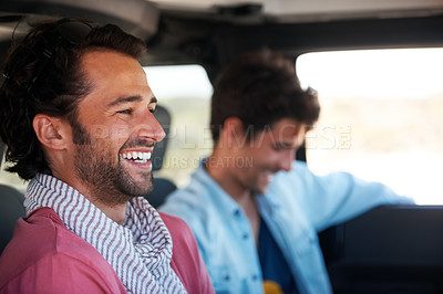 Buy stock photo Travel, driving and happy men friends in a car for road trip, adventure or vacation together. Freedom, transportation and people laughing in a vehicle for holiday, trip or journey in the countryside
