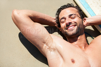 Buy stock photo Beach sand, happy man and face of relax surfer lying, sleep and tired after fitness training, fatigue or sports workout. Surfing happiness, eyes closed and top view person sleeping, smile and rest