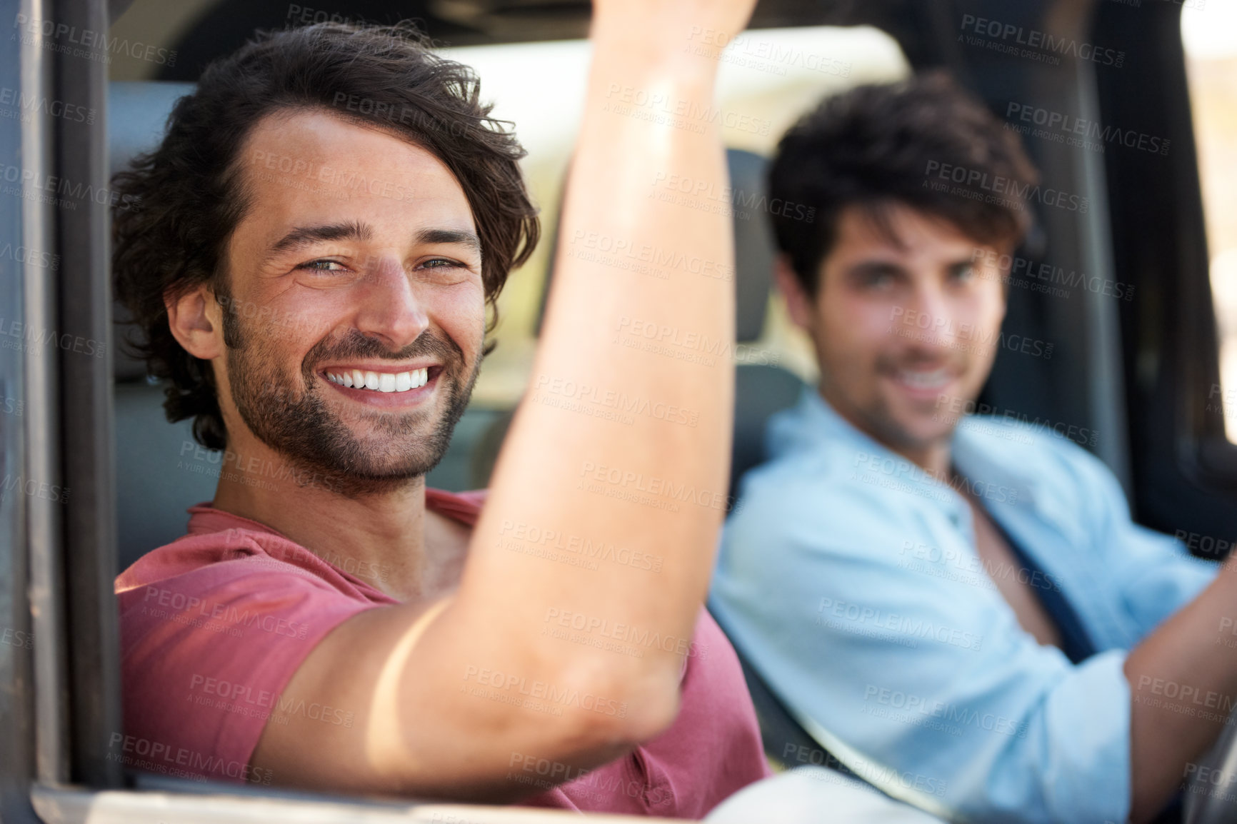 Buy stock photo Happy, travel and portrait of men in a car for a drive, road trip or holiday together. Smile, journey and friends driving in transportation for vacation, happiness or an adventure or bonding