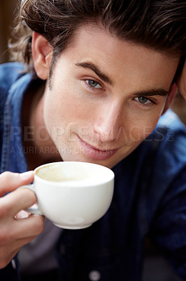 Buy stock photo Face portrait, tea cup or happy man, restaurant customer or cafe client satisfaction for service, hot chocolate or morning drink. Fresh coffee break, beverage mug or closeup person relax in cafeteria