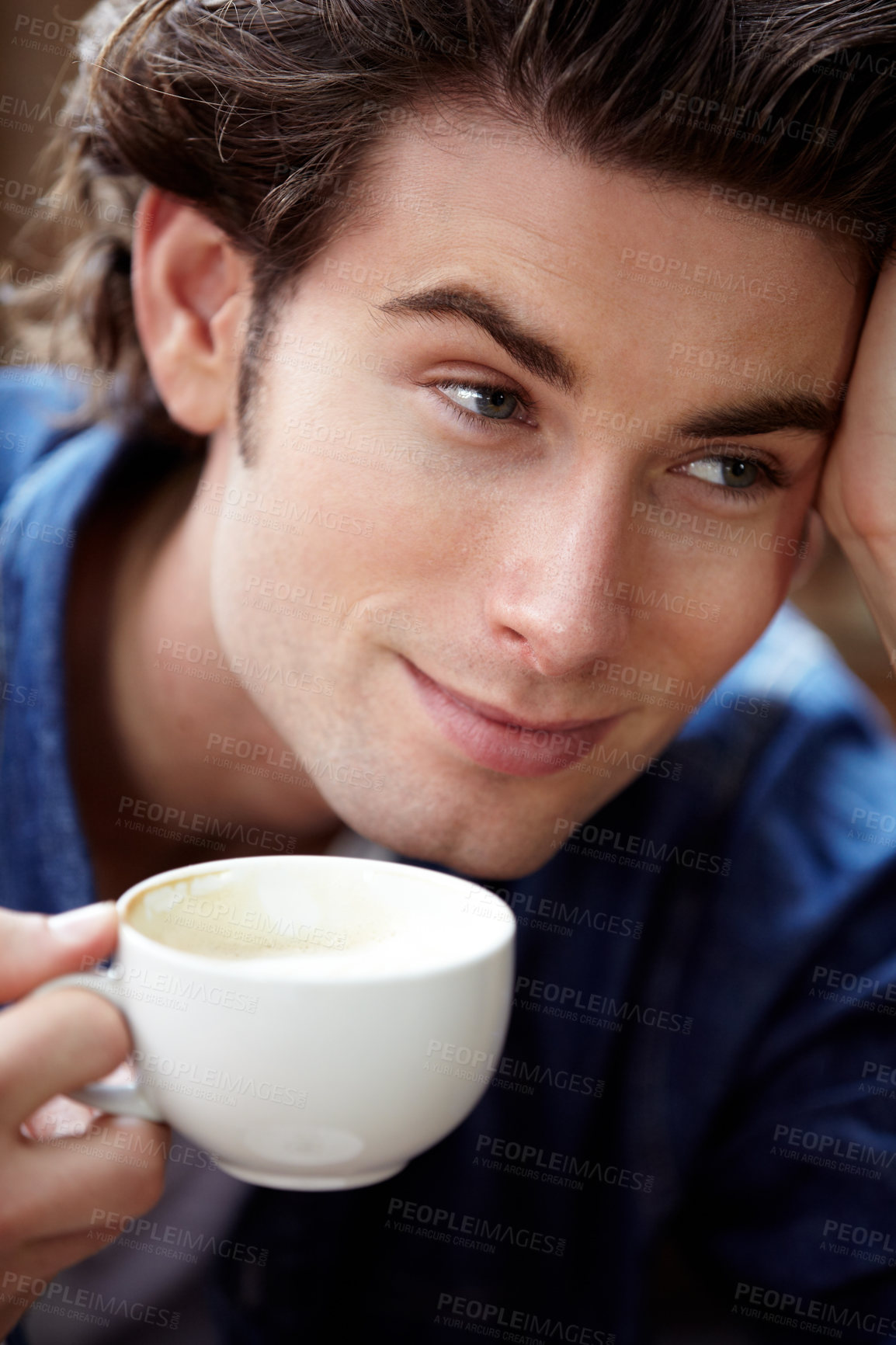 Buy stock photo Restaurant face, thinking and happy man, coffee shop customer or cafe client think of tea service, hot chocolate or drink. Closeup, beverage idea and person relax in cafeteria for morning relaxation
