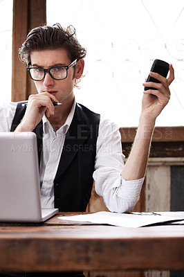 Buy stock photo Laptop, cafe portrait or corporate man worried about bad online report, project or financial bookkeeping mistake in restaurant. Phone, diner or male freelance accountant stress over accounting crisis