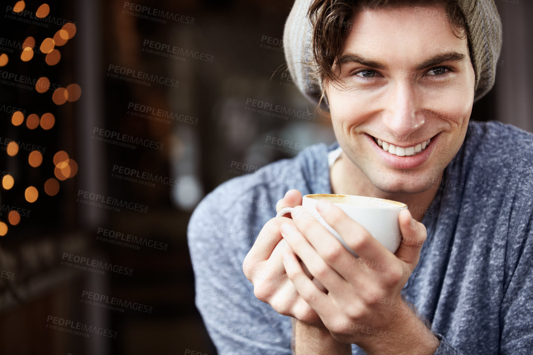 Buy stock photo Happy man, tea cup and coffee shop face thinking of morning matcha, hospitality service or breakfast restaurant. Cafe customer services, inspiration or male client planning ideas with green tea mug