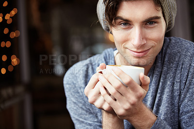 Buy stock photo Cafe portrait, tea cup and man smile for morning matcha drink, hospitality service or coffee house restaurant. Customer satisfaction, diner or face of male consumer happy for hot cappuccino