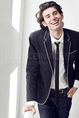 Buy stock photo Happy, fashion and portrait of man by a wall with formal, stylish and classy outfit for confidence. Smile, suit and young male model with elegant, cool and trendy style by white background space.