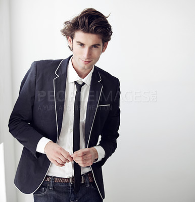 Buy stock photo Fashion, smile and portrait of man in a studio with formal, classy and elegant outfit for confidence. Handsome, blazer and young male model with trendy and cool style isolated by white background.