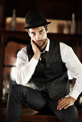 Buy stock photo Gentleman, portrait or trendy fashion in pub to relax on break with cool style or elegant outfit in Italy. Barman, retro person or confident model in a hat or classy clothes for a vintage aesthetic