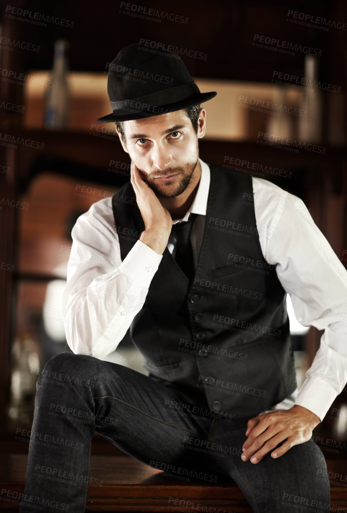Buy stock photo Gentleman, portrait or trendy fashion in pub to relax on break with cool style or elegant outfit in Italy. Barman, retro person or confident model in a hat or classy clothes for a vintage aesthetic