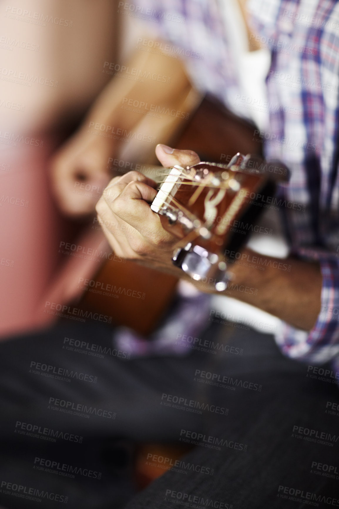 Buy stock photo Guitar, hands or man in home for music, performance or entertainment with sound, rhythm or talent. Learning solo, artist closeup or creative musician playing an instrument for artistic expression