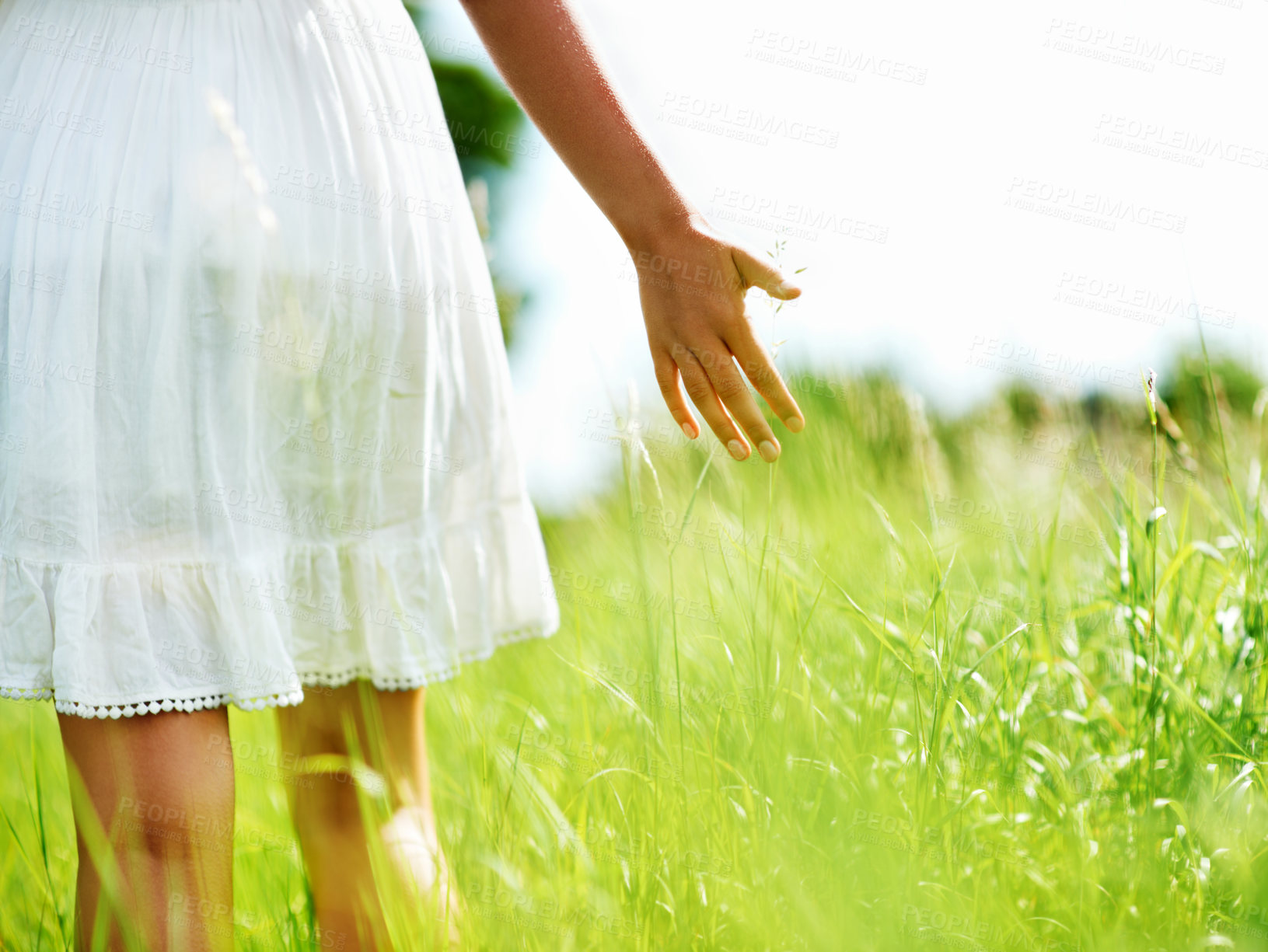 Buy stock photo Cropped view of a young woman walking through a green field