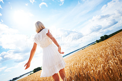 Buy stock photo Woman, back and freedom in sun on wheat field for fun holiday, weekend or summer break in countryside. Rear view of female person in sunshine or grass with cloudy blue sky in travel, trip or nature