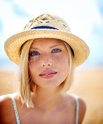 Buy stock photo Happy woman, face and portrait with hat in countryside for summer vacation, break or holiday in nature. Female person or blonde smile for sunshine, travel or weekend in fashion for outdoor season