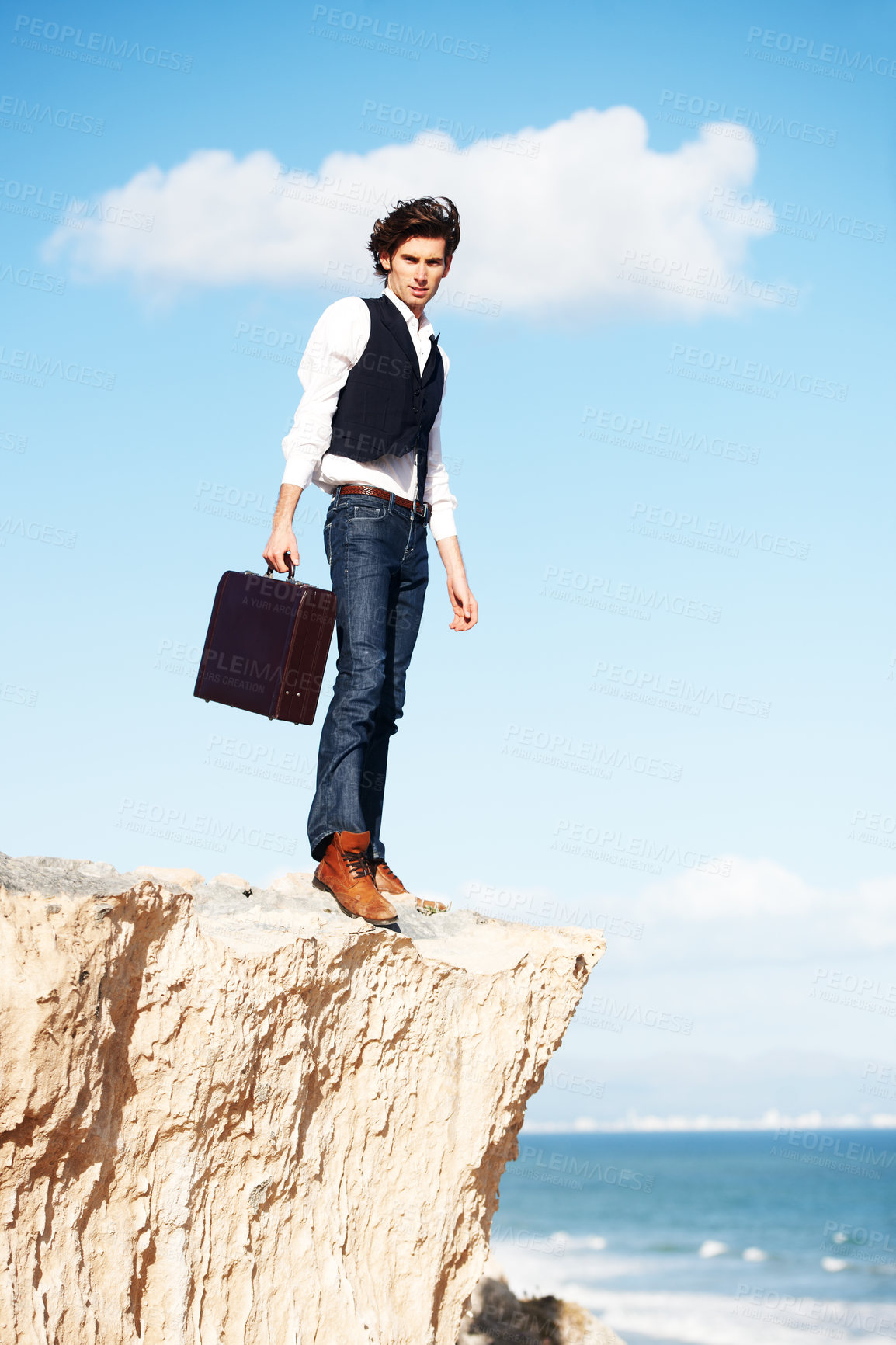 Buy stock photo Freedom, cliff and portrait of business man by ocean for idea, opportunity and career in nature. Professional, mockup and corporate worker on rocks edge for work challenge, thinking and future