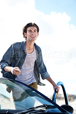 Buy stock photo Happy, car and man with a smartphone, travel and vacation with social media, tourism and post. Person, guy and traveller with transportation, cellphone or mobile user with happiness or summer holiday