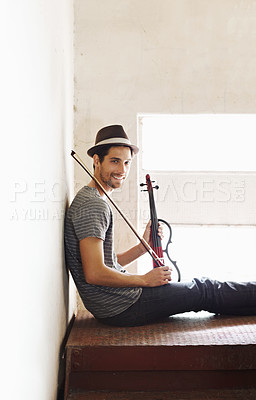 Buy stock photo Portrait, musician and man with a violin, smile and training for a performance, sound or happiness at home. Face, male person of happy violinist with joy, creativity and instrument with entertainment