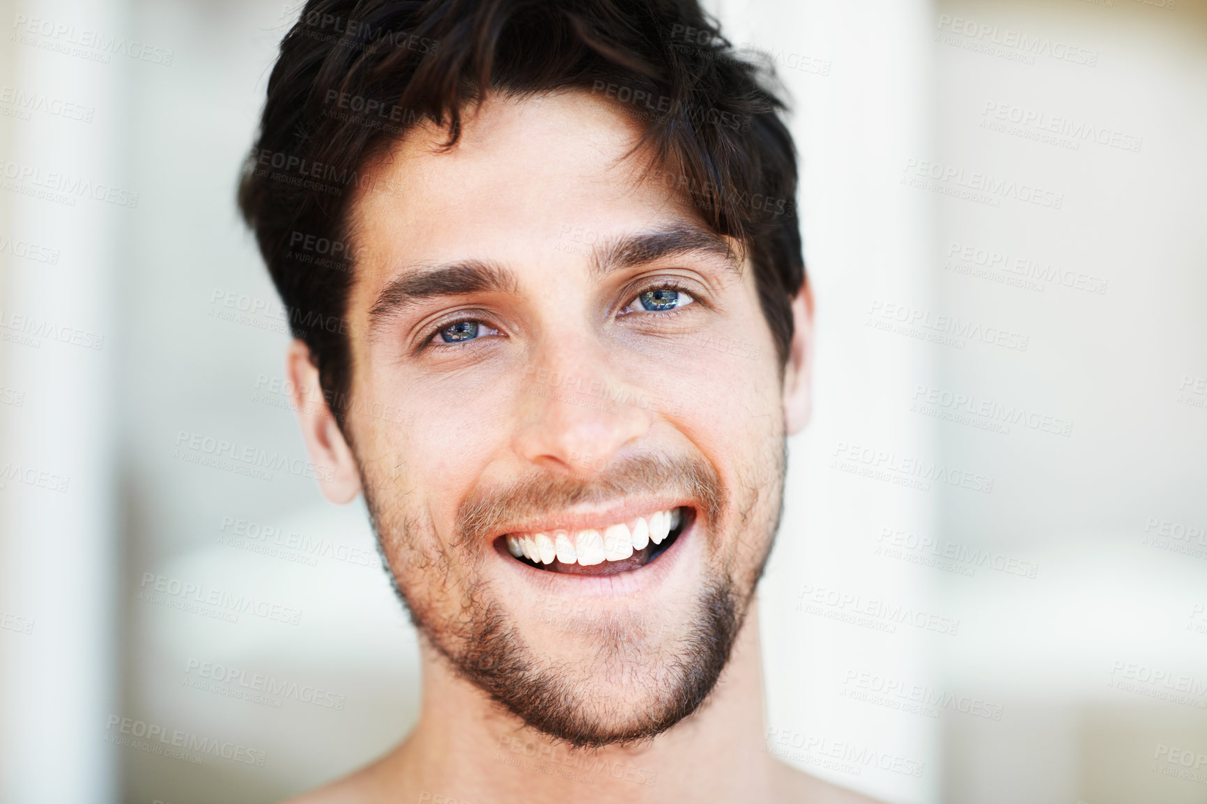 Buy stock photo Portrait, beauty and man with skincare, smile and grooming routine with happiness, joyful and health. Face, male person and happy guy with salon treatment, dermatology and wellness with confidence