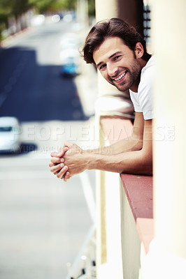 Buy stock photo Hotel room, window and portrait of happy man on vacation with freedom, smile or positive attitude. Face, smile and male traveler relax in Italy for holiday, adventure or enjoy local accommodation