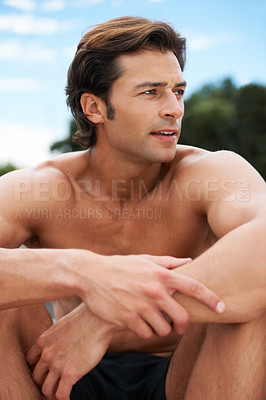 Buy stock photo Man, thinking and strategy for fitness, planning and vision for exercise, workout and training. Male athlete, ideas and inspiration for health, wellness and body building in outdoor and shirtless