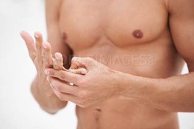 Buy stock photo Man, hand or closeup pressure point massage tension, shirtless or physical therapy pain. Male person, topless or finger inflammation relax, tendinitis joint or acupressure for circulation treatment