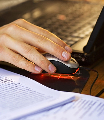 Buy stock photo Closeup of a freelance businessperson typing an email on their PC. Hand of a student reading educational documents while learning during an online course. A businesswoman reading report documents.  
