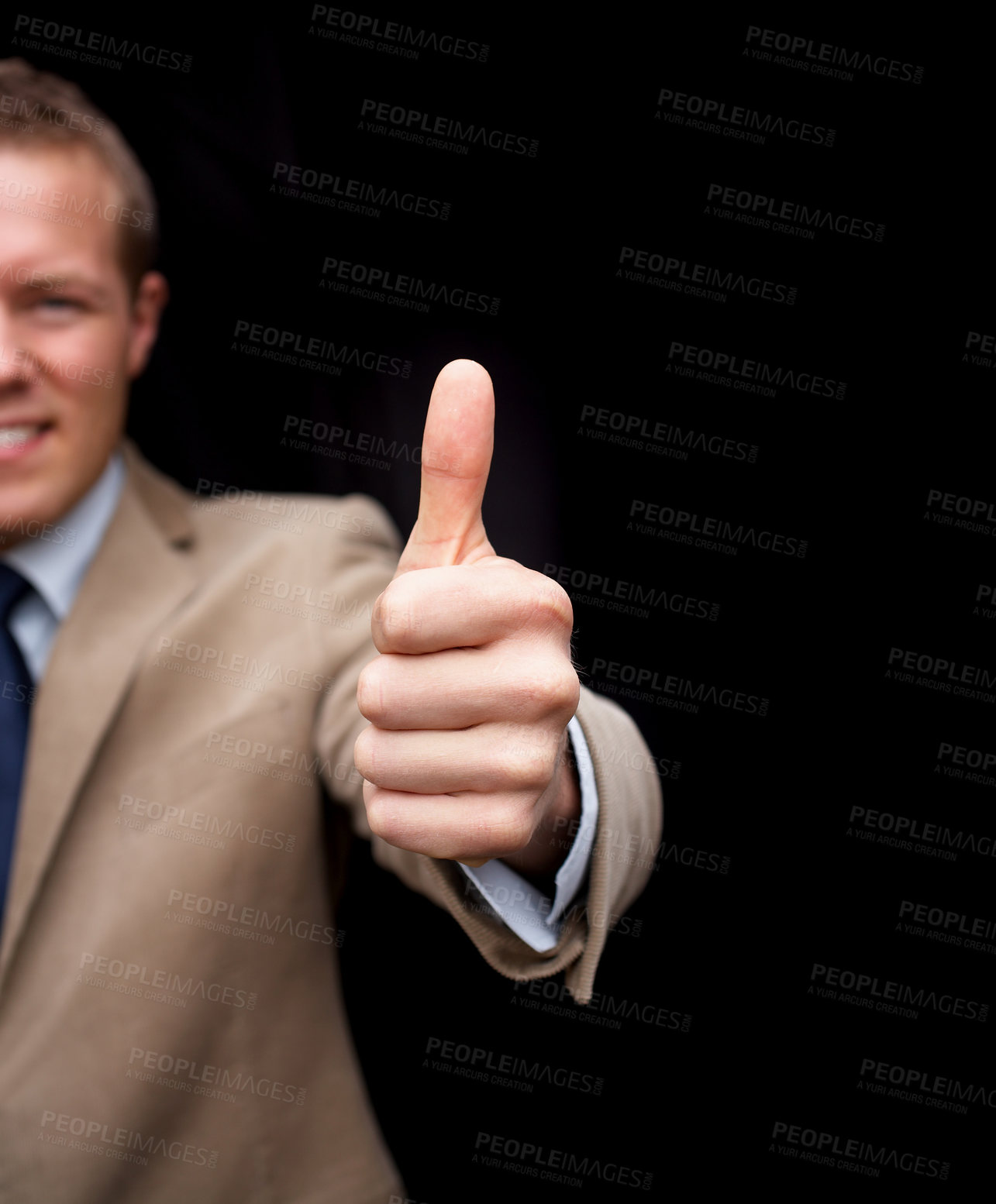 Buy stock photo Closeup, thumbs up and smile for business man, hand or agreement in portrait by black background. Entrepreneur, happy or sign language for support, thanks or icon for vote, choice or decision on deal