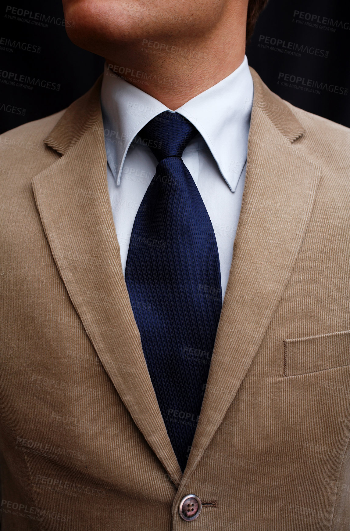 Buy stock photo Closeup, suit and tie for business man, corporate fashion and professional style by black background. Entrepreneur, workplace clothes and zoom on fabric, material or trendy shirt for employee person