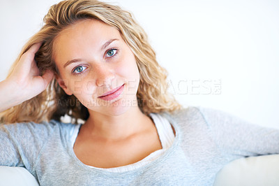 Buy stock photo Woman, portrait and relax on sofa in home for peace, slow morning or comfortable weekend. Female person, face and soft smile confidence or calm feminine on couch in apartment for rest, lazy in Canada