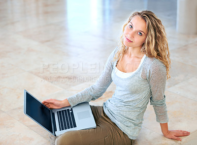 Buy stock photo Laptop, portrait and smile of woman on floor in home, email and internet for remote work. Computer, happy girl and person or freelancer on social media, website or online communication on technology