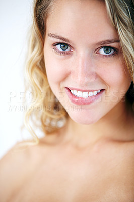 Buy stock photo Portrait, natural beauty and skincare of happy woman for dermatology or cosmetic. Face, blonde girl and smile of model for aesthetic, facial skin health and wellness isolated on a white background