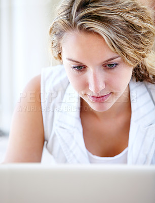 Buy stock photo Laptop, typing and woman in home, reading email and remote work to network on internet. Computer, freelance and happy person on social media, website and online communication on digital technology