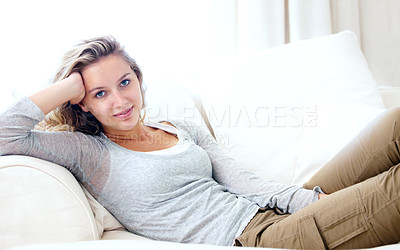 Buy stock photo Woman, portrait and living room couch for lazy relax weekend, comfortable day off or cosy. Female person, face or tranquility solitude smile pose on apartment sofa for calm, positive mood in Canada