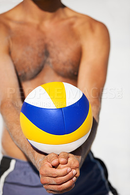 Buy stock photo Beach volleyball, hands and sports person hit ball for serve, training performance or outdoor game competition. Sunshine, nature and competitive athlete for fitness, exercise and playing summer match