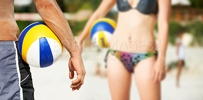 Buy stock photo Beach volleyball, hands or sports people with ball for outdoor game, competition or summer challenge. Training, cooperation and closeup athlete, team or partner ready for fitness, exercise or workout