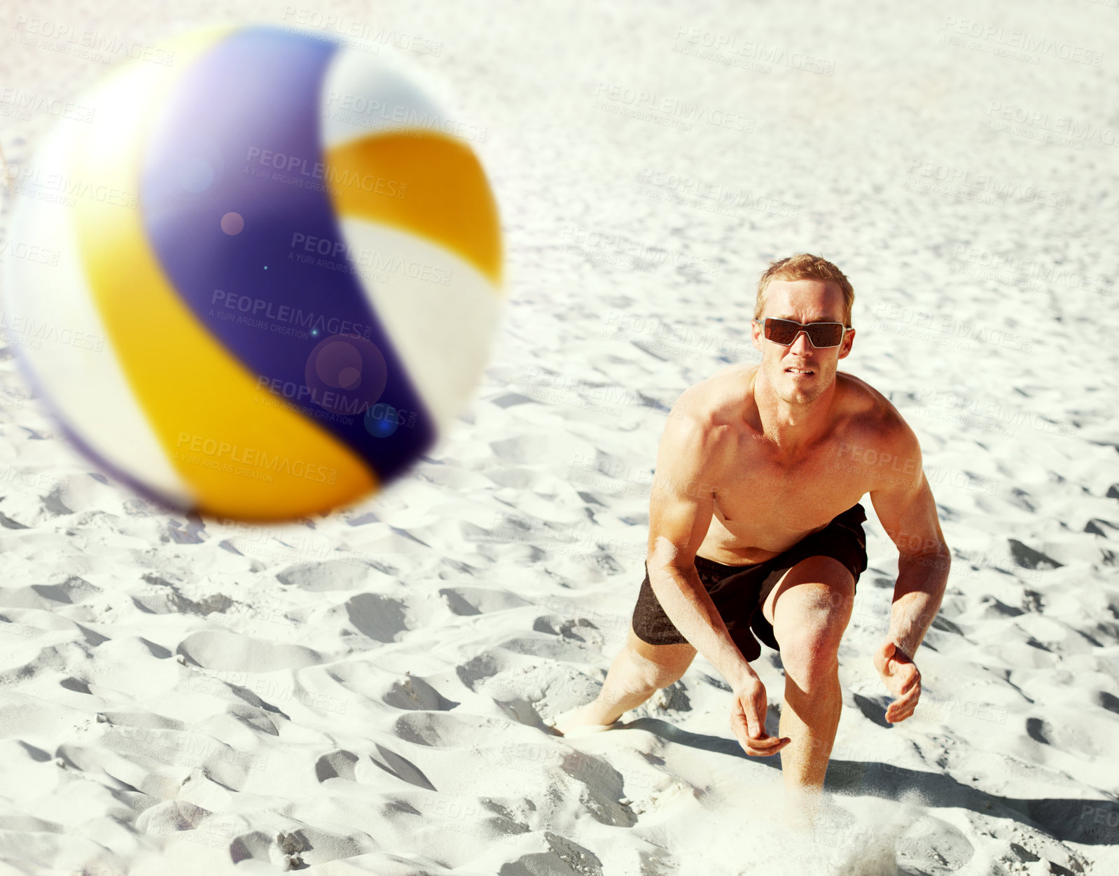 Buy stock photo Beach, volleyball and top view of  fitness man at sea with ball, energy or travel freedom. Ocean, sport or top view of male player with handball in nature for cardio, workout or game performance